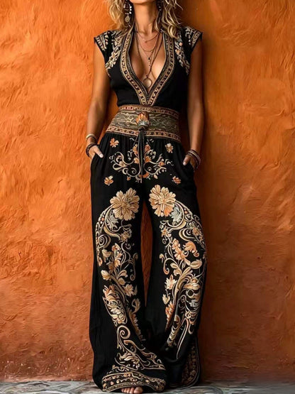 Women's Retro Art Print V-Neck Sleeveless Jumpsuit