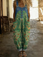 Floral Art Print Denim Patchwork Jumpsuit