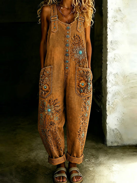 Women's Retro Floral Art Print Washed Cotton Denim Patchwork Jumpsuit