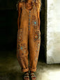 Women's Retro Floral Art Print Washed Cotton Denim Patchwork Jumpsuit