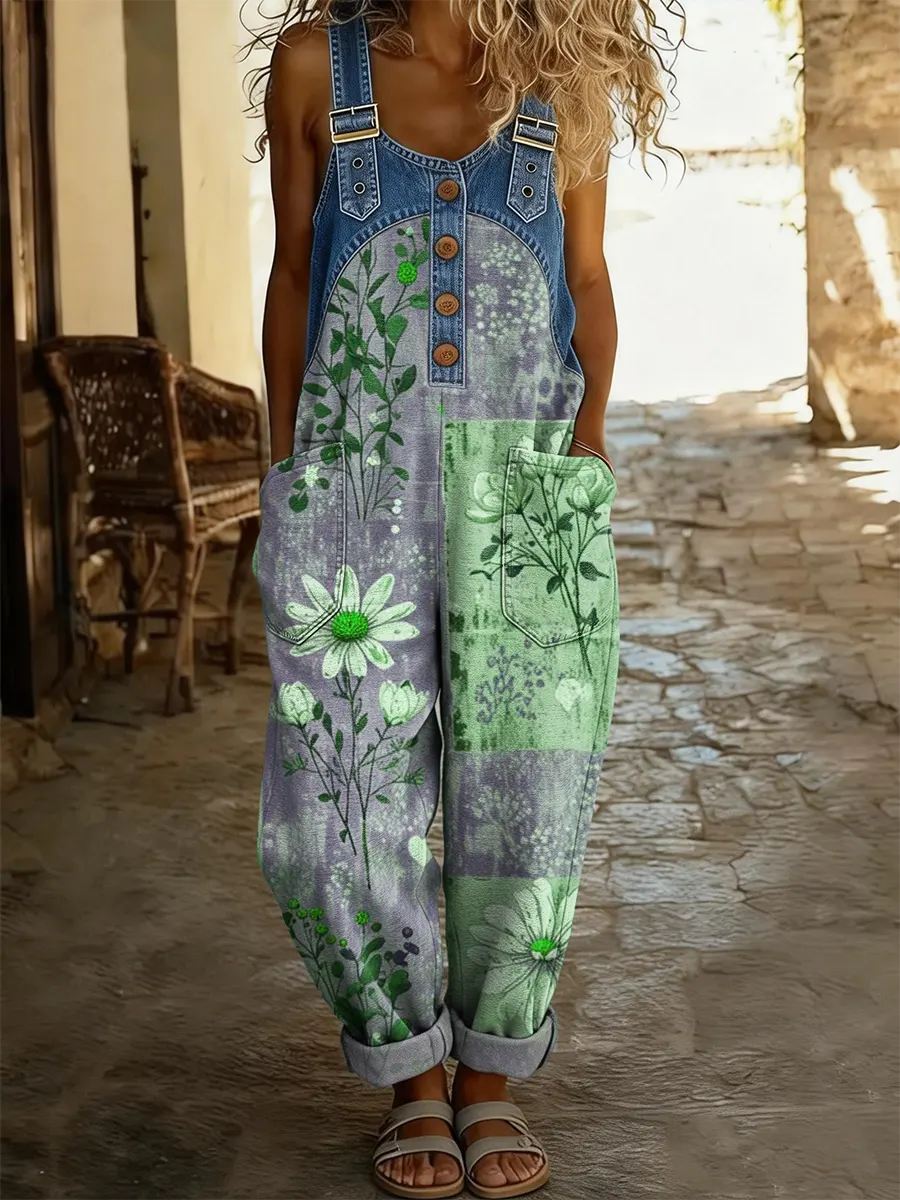 Ethnicity Bohemian Style Flowers Women's Casual Washed Cotton Denim Patchwork Jumpsuit