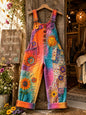 Women's Retro Art Print Denim Patchwork Jumpsuit