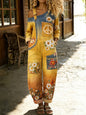 Women's Retro Floral Color-Blocked Art Print Washed Cotton Denim Patchwork Jumpsuit