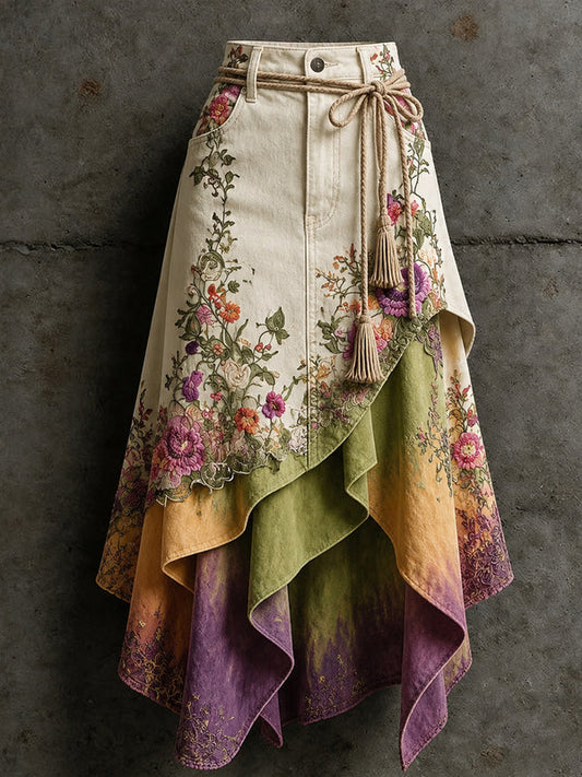 Women's Retro Style Art Print Irregularly Layered Stitched Skirt