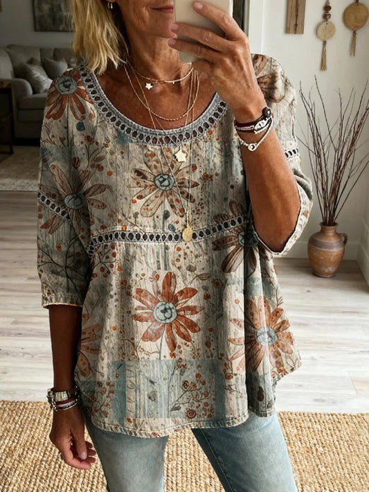 Bohemian Vintage Floral Art Print Casual Round Neck Top