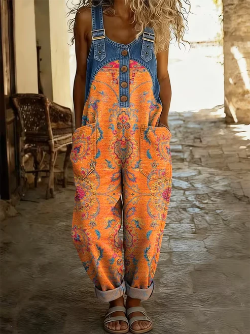 Women's Retro Ethnic Art Print Casual Sleeveless Denim Patchwork Jumpsuit