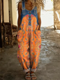 Women's Retro Ethnic Art Print Casual Sleeveless Denim Patchwork Jumpsuit